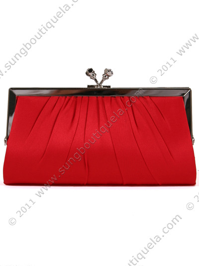 FN90681 Red Satin Clutch with Rhinestone Clasp - Red, Front View Medium