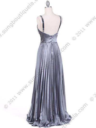 9102 Silver Satin Pleated Evening Gown - Silver, Back View Medium