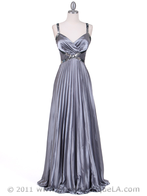 9102 Silver Satin Pleated Evening Gown, Silver