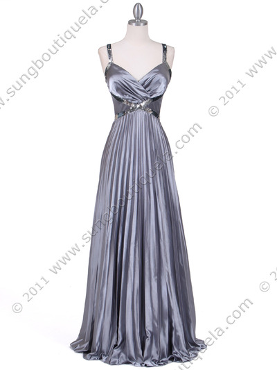 9102 Silver Satin Pleated Evening Gown - Silver, Front View Medium
