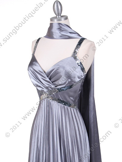 9102 Silver Satin Pleated Evening Gown - Silver, Alt View Medium