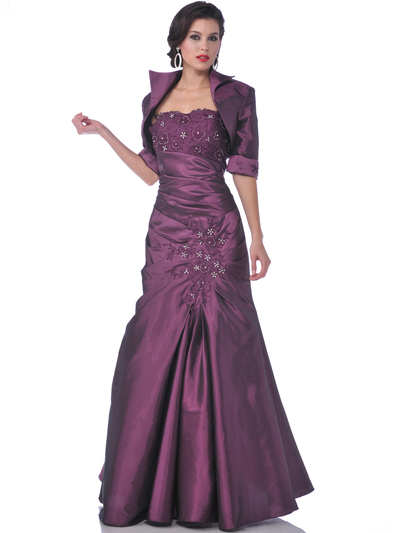9194 Mother of the Bride Taffeta Evening Gown with Bolero - Burgundy, Front View Medium