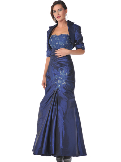 9194 Mother of the Bride Taffeta Evening Gown with Bolero - Royal Blue, Front View Medium