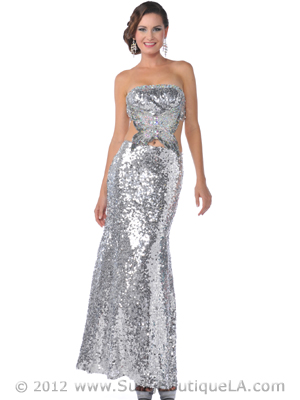9195 Silver Strapless All Sequin Side Cut-Out Prom Dress, Silver