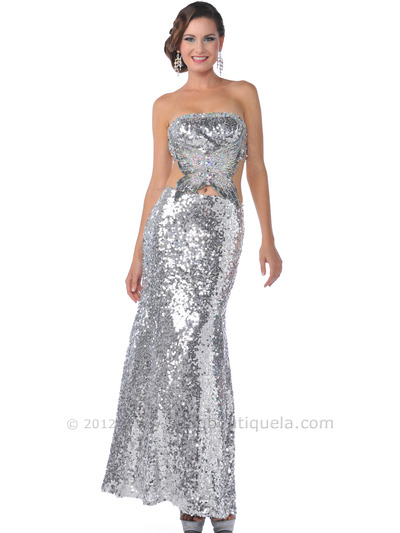 9195 Silver Strapless All Sequin Side Cut-Out Prom Dress - Silver, Front View Medium