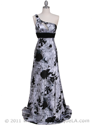 9319 Black and White Printed One Shoulder Evening Dress, Black White