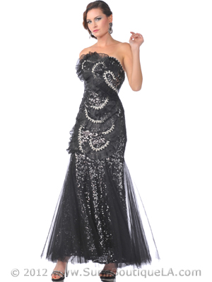 9503 Strapless Black Sequin and Ruffle Overlay Evening Dress, Black