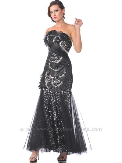 9503 Strapless Black Sequin and Ruffle Overlay Evening Dress - Black, Front View Medium