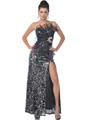 9504 Black Silver Strapless Sequin Evening Dress with Slit - Black Silver, Front View Thumbnail