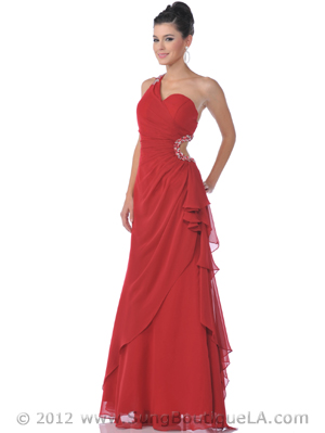 9506 Red One Shoulder Evening Dress with Cutout, Red
