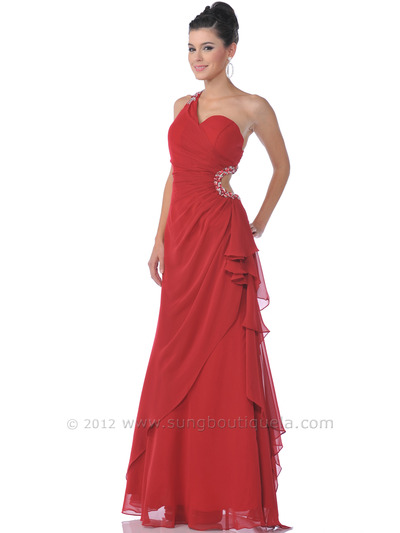 9506 Red One Shoulder Evening Dress with Cutout - Red, Front View Medium