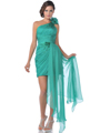 9509 One Shoulder Rosette Chiffon Cocktail Dress with Sash - Green, Front View Thumbnail