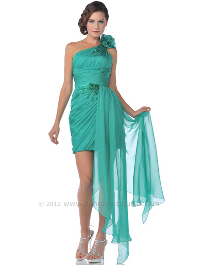 9509 One Shoulder Rosette Chiffon Cocktail Dress with Sash - Green, Front View Medium