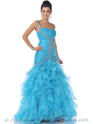 9510 Turquoise One Shoulder Embellished Strap Prom Dress, Turquoise