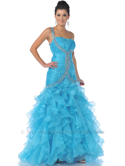 9510 Turquoise One Shoulder Embellished Strap Prom Dress - Turquoise, Front View Medium