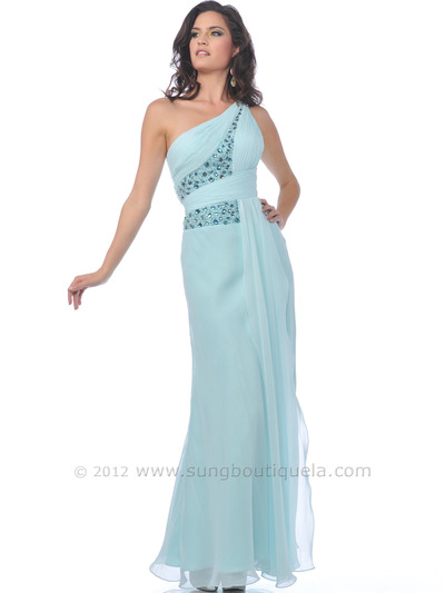 9512 Mint One Shoulder Chiffon Evening Dress with Sparkling Jewel Dec - Mint, Front View Medium