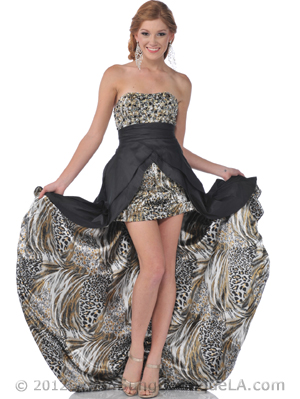 9513 Black Print Strapless Beaded Top High Low Evening Dress, Black Print