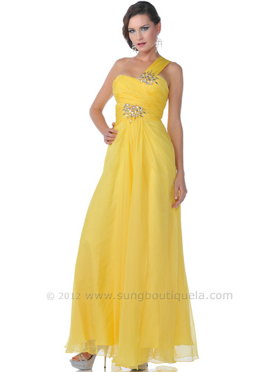 9515 Yellow One Shoulder Wide Strap Chiffon Evening Dress - Yellow, Front View Medium