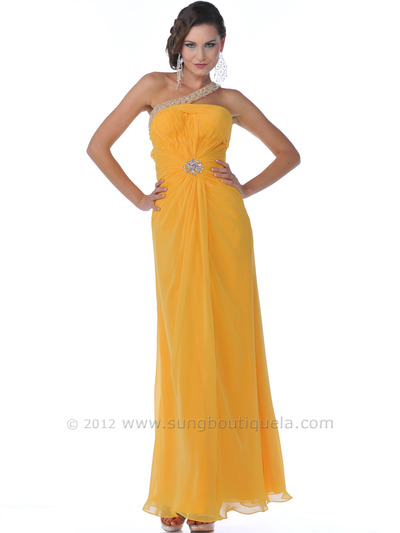 9517 Yellow One Shoulder Chiffon Prom Dress - Yellow, Front View Medium