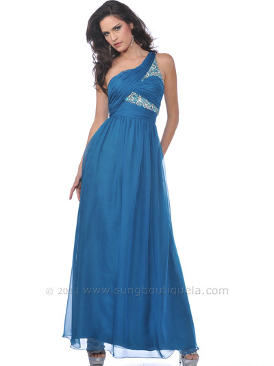 9523 Teal One Shoulder Chiffon Evening Dress with Sequin - Teal, Front View Medium
