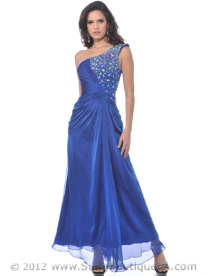 9525 Blue Single Shoulder Jewel Evening Dress, Blue