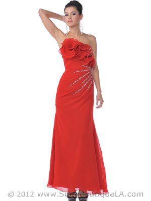 9528 Red Strapless Rosette Evening Dress with Sparkling Jewel, Red