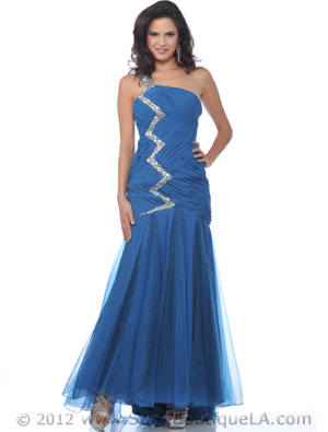 9532 Teal One Shoulder Drop Waist Evening Dress, Teal