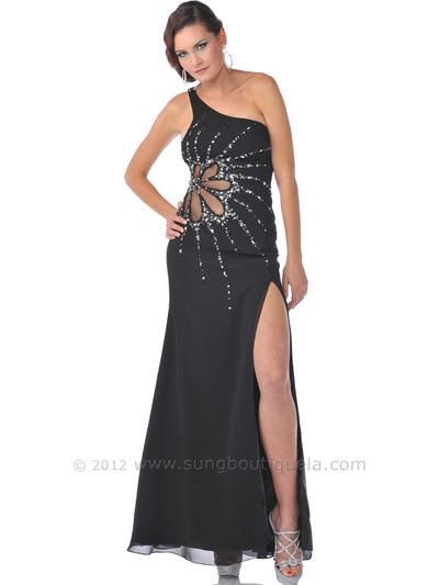 9533 Black One Shoulde Sheer Panel Evening Dress with Slit - Black, Front View Medium