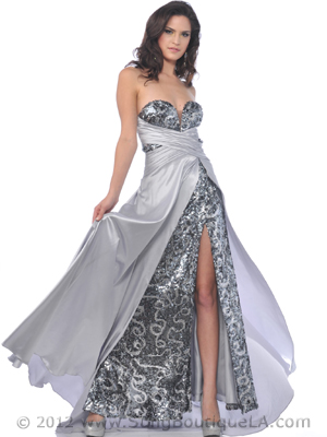 9534 Silver Strapless Charmeuse Overlay Sequin Evening Dress, Silver