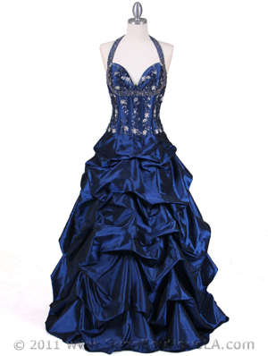 9827 Deep Blue Beaded Evening Gown, Deep Blue