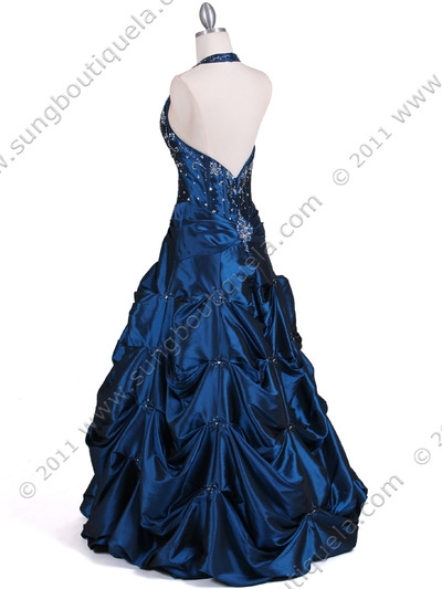 9828 Deep Blue Halter Top Beaded Evening Gown - Deep Blue, Back View Medium