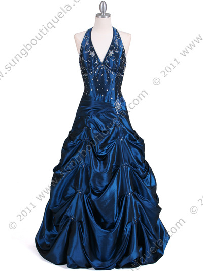 9828 Deep Blue Halter Top Beaded Evening Gown - Deep Blue, Front View Medium