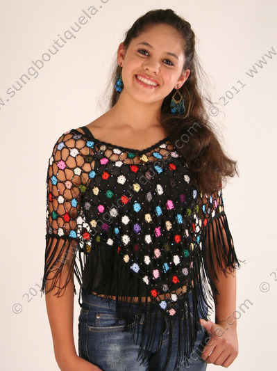 A1 Small Flower Crochet Poncho - Black Mixed, Front View Medium