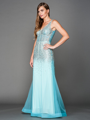 A637 V Neck Embellished Evening Dress, Aqua