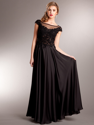 AC231 Classy Lace Top Evening Gown - Black, Front View Medium