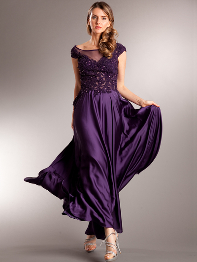 AC231 Classy Lace Top Evening Gown - Eggplant, Front View Medium