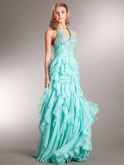 AC232 Ravishing Ruffles Prom Dress - Aqua, Front View Medium