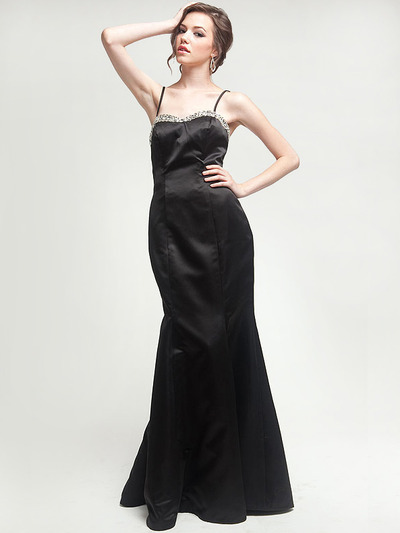 AC301 Jeweled and Beaded Satin Mermaid Evening Dress - Navy, Front View Medium
