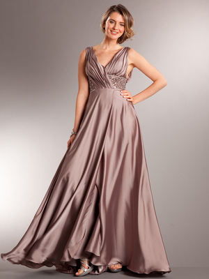 AC302 Deep Plunge Neckline Evening Dress, Mocha