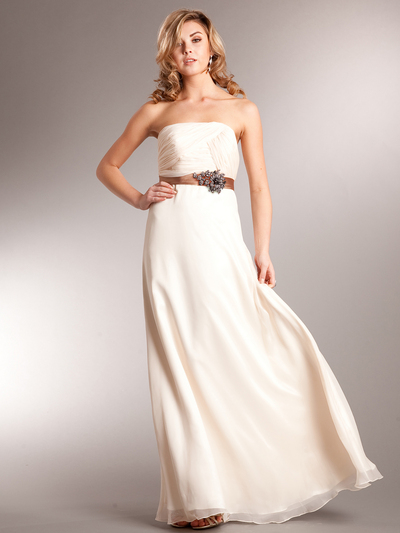 AC321 Strapless Chiffon Evening Dress - Beige, Front View Medium