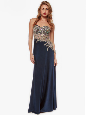 AC635 Embellished Strapless Evening Dress, Navy