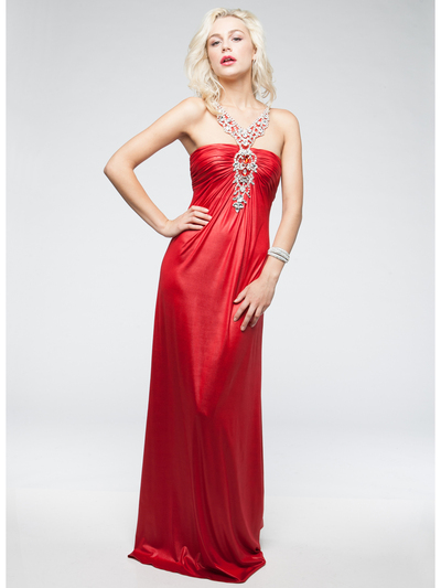 AC704 Halter Charmeuse Stain Evening Dress - Red, Front View Medium