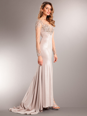 AC707 Long Chiffon Sleeves Crystal Evening Gown, Champagne