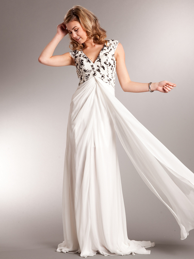AC713 Open V-neckline Evening Dress - White, Front View Medium