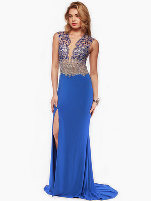 AC729 Sleeveless Illusion Bodice Evening Dress, Royal Blue