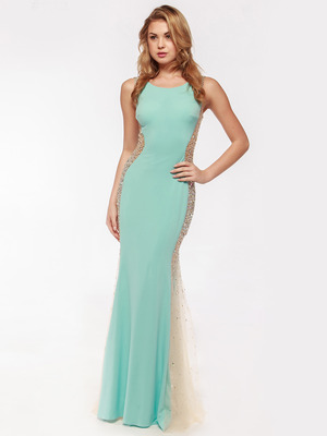 AC732 Illusion Panel Evening Dress       , Aqua