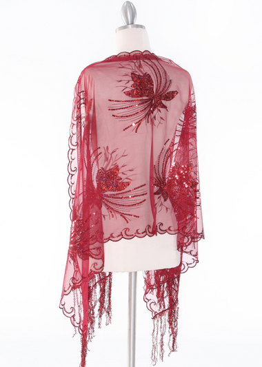 AS832 Rectangle Sheer Lace Sequin Shawl - Burgundy, Back View Medium