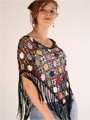 B1 Large Flower Crochet Poncho - Black Mixed, Front View Thumbnail