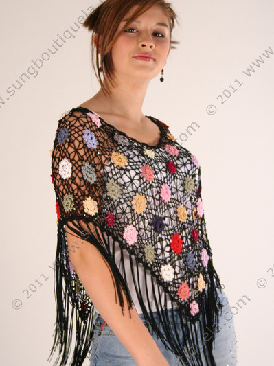 B1 Large Flower Crochet Poncho - Black Mixed, Front View Medium
