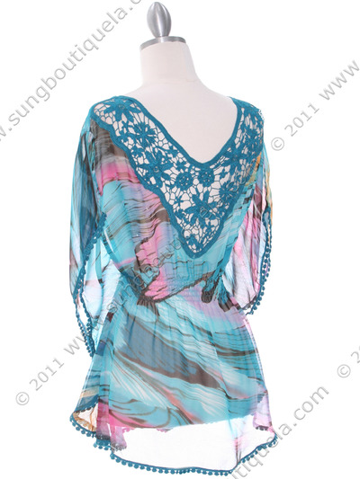BL020 Turquoise Crochet Back Print Top - Turquoise, Back View Medium